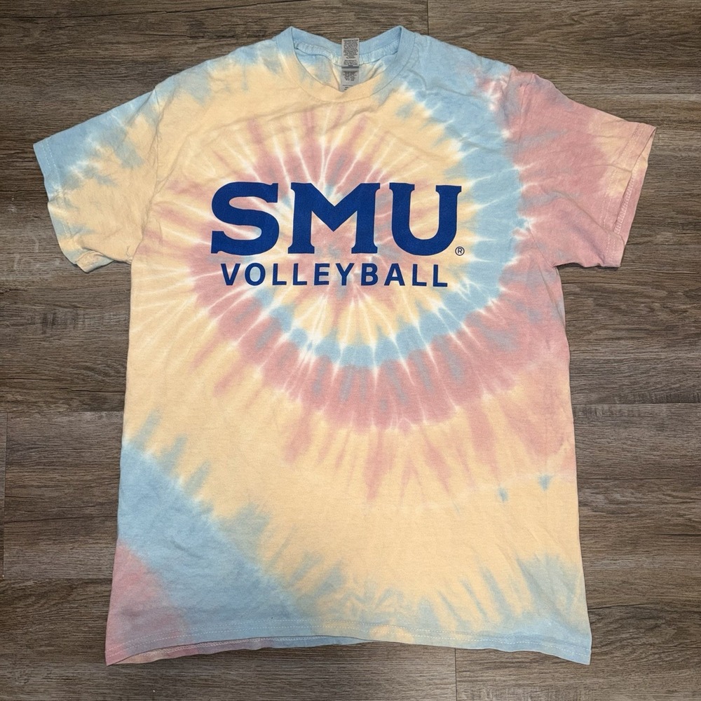 SMU Mustangs Volleyball Shirt Womens Medium Tie-Dye Gildan Heavy Cotton NCAA